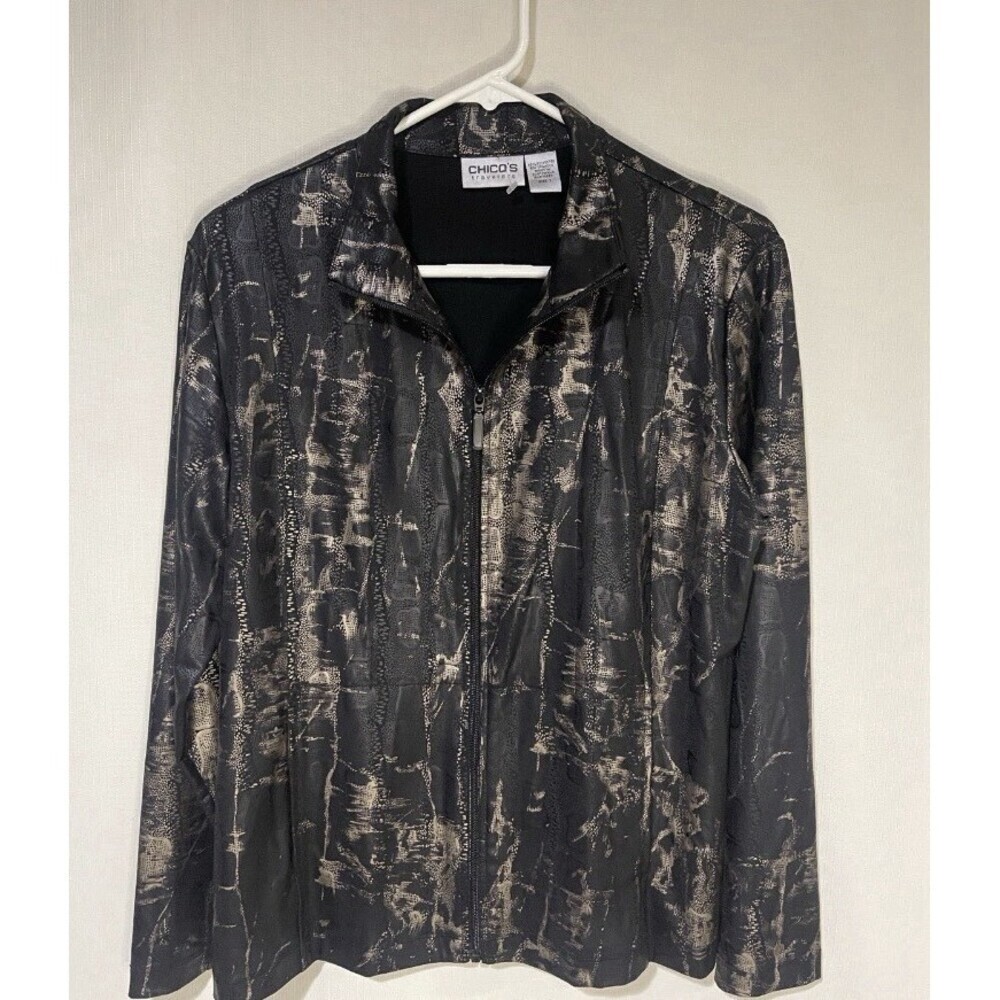 Chicos Travelers 3 US XL Black Gold Metallic Snake Shimmer LS Full Zip Jacket